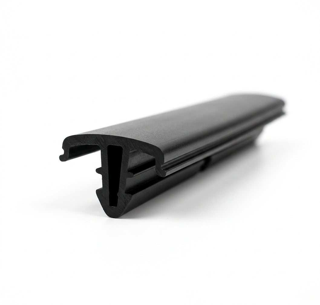 Satin black bumper trim profile, angled view showing clip-in channel, white background