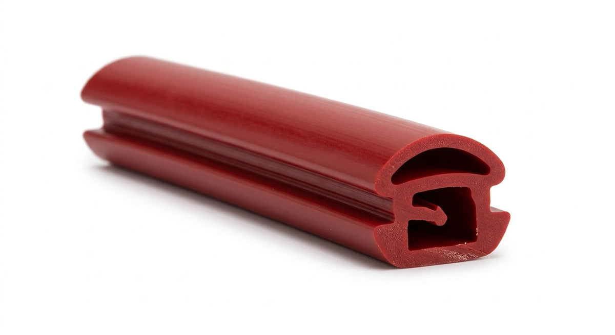 Red bumper trim profile, angled view showing clip-in channel, white background