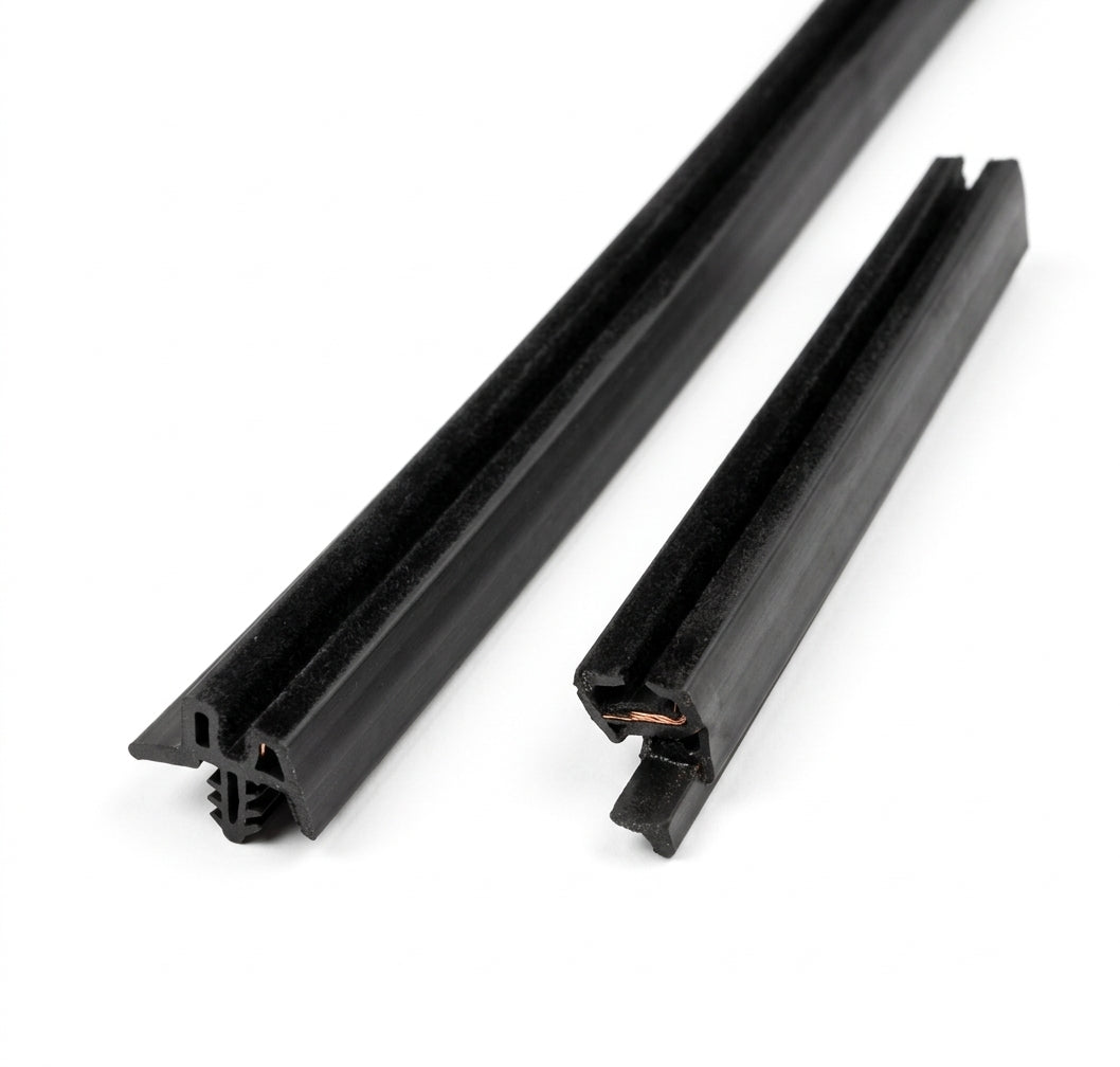 Two flocked black waist strips of different lengths laid diagonally, white background