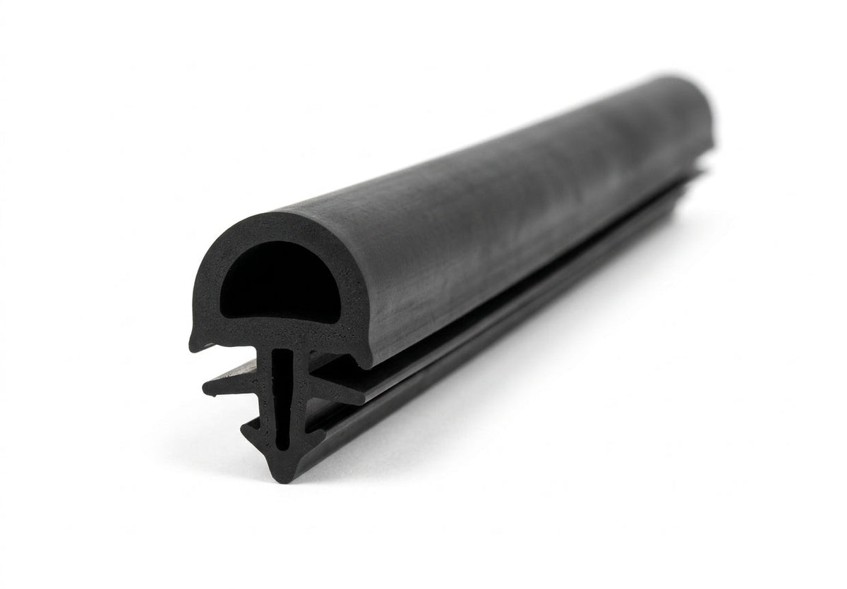 Black rubber bulb seal with flat mounting flange, coiled length on white background
