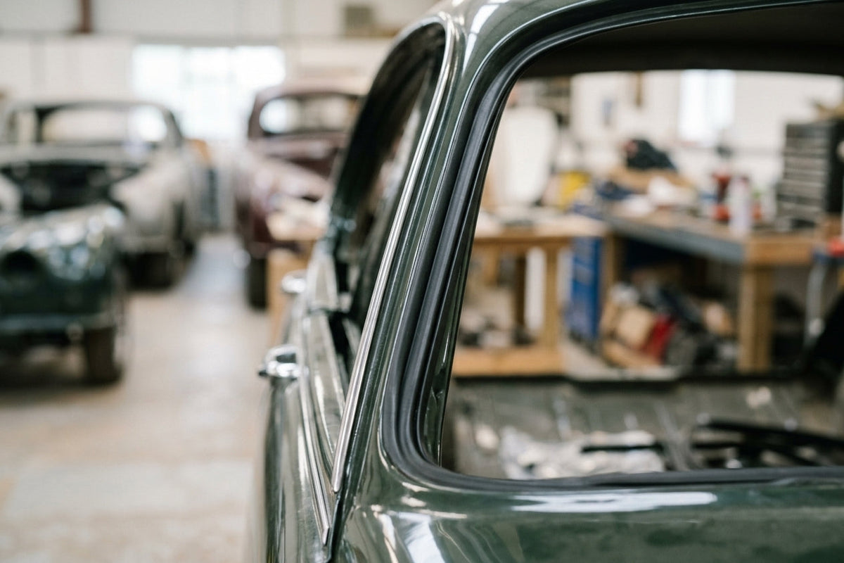 Door seal fitted along the rear window frame of a dark green classic Jaguar saloon