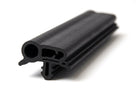 Black rubber twin-tube door seal with fin, coiled length on white background