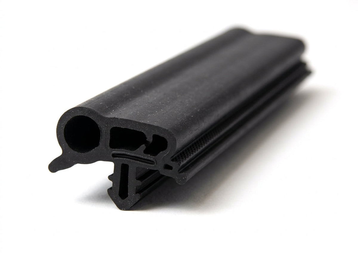 Black rubber twin-tube door seal with fin, coiled length on white background