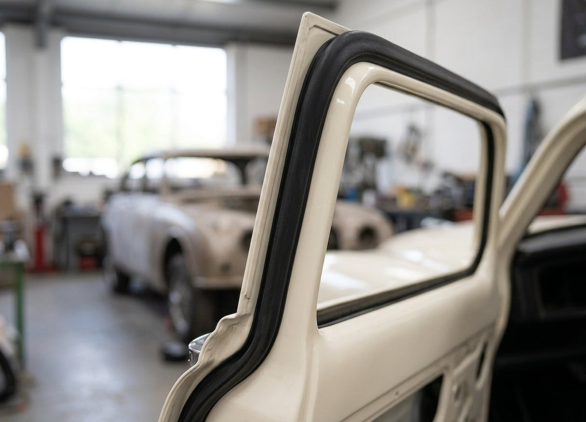 Door seal fitted along the frame of a cream classic Jaguar saloon