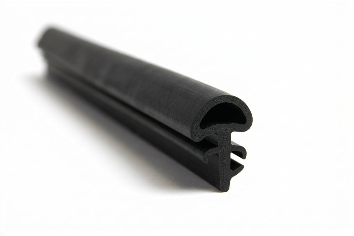 Black rubber C-post seal with fin profile, coiled length on white background