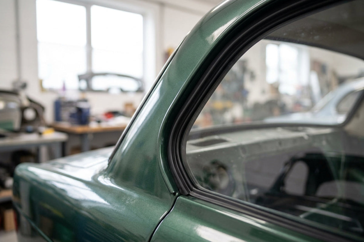 C-post seal fitted to the rear quarter window of a green classic Jaguar saloon