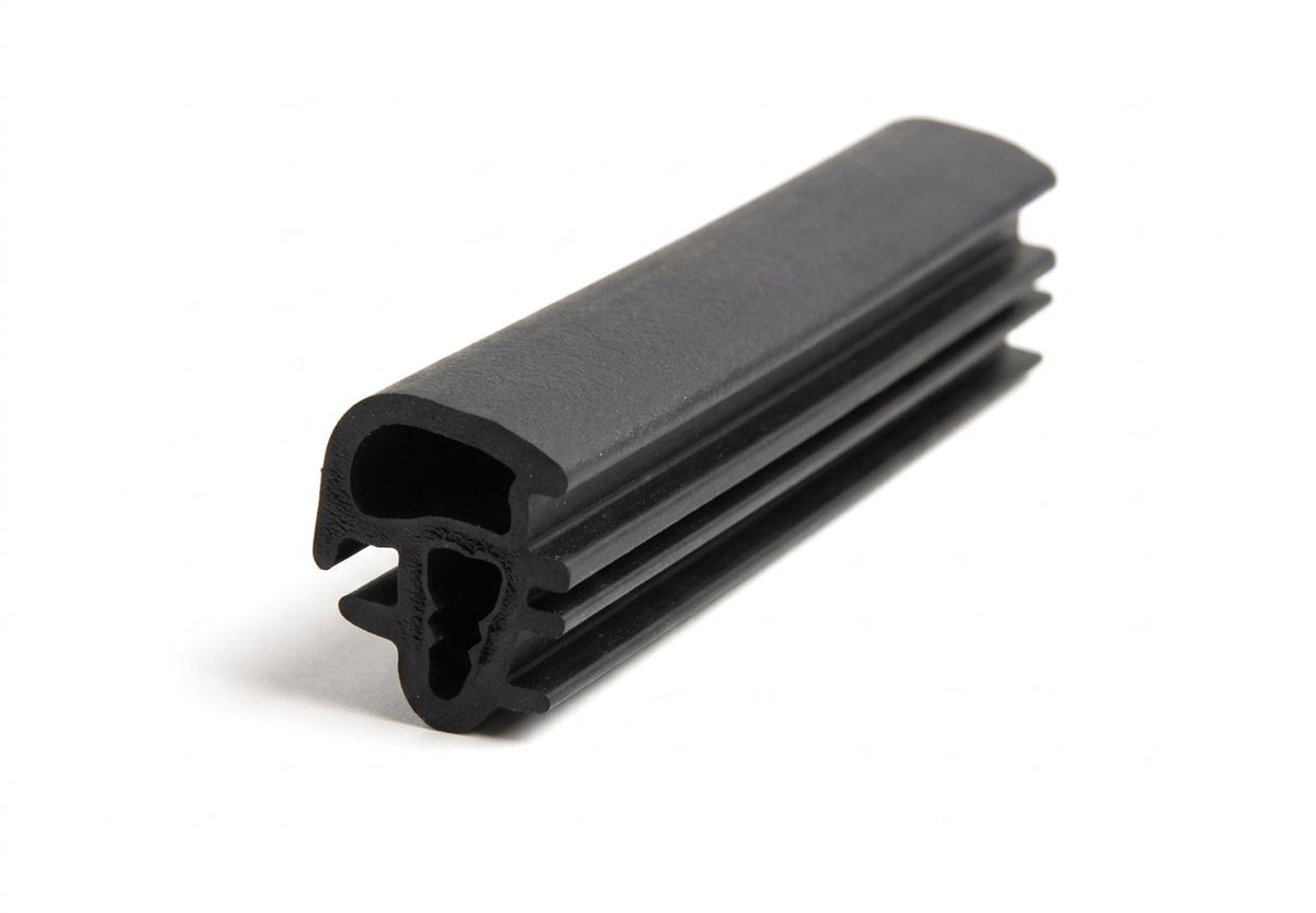 Black rubber ribbed fin seal profile, coiled length on white background