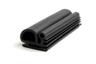 Black rubber seal with ribbed fin and bulb profile, coiled length on white background