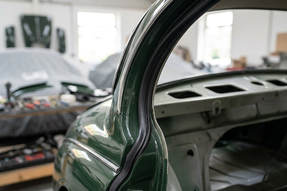 D-post seal fitted to the rear pillar of a green classic Jaguar saloon