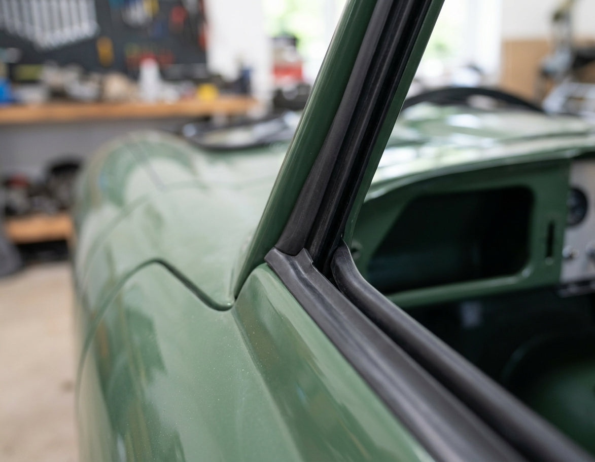 Moulded door seal fitted where the door meets the hardtop of a green classic Jaguar E-Type