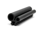 Black rubber twin-tube door seal, coiled length on white background