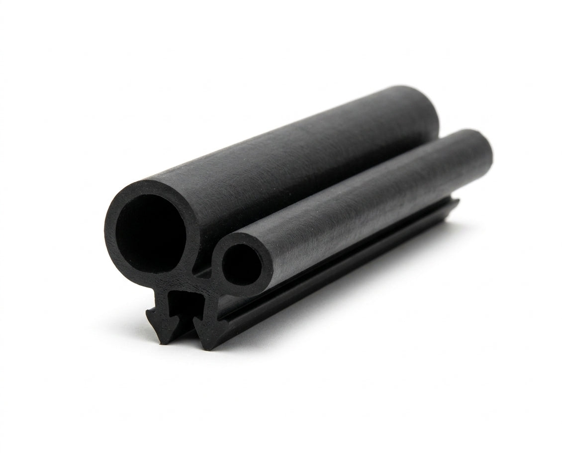 Black rubber twin-tube door seal, coiled length on white background