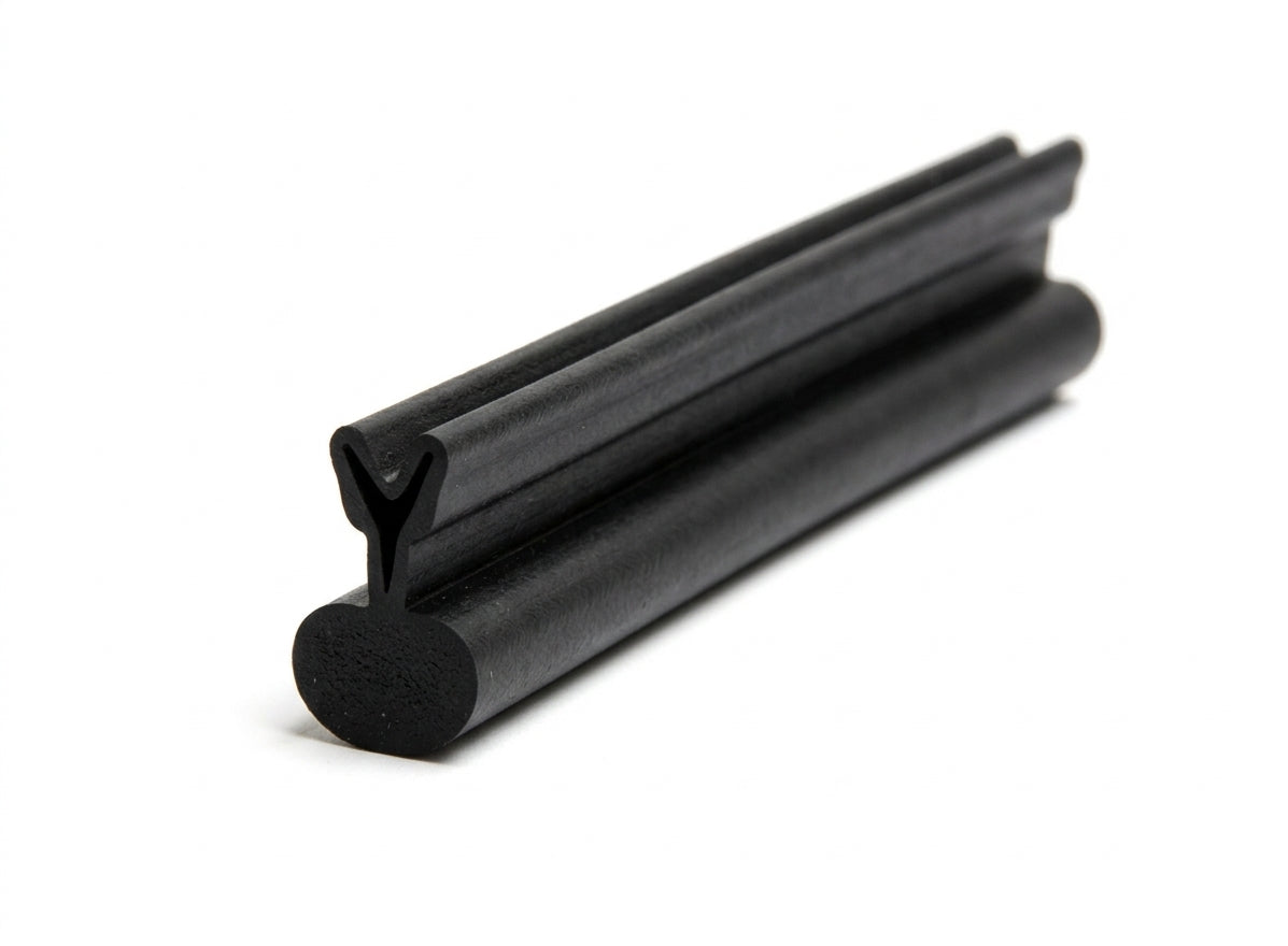Black rubber Y-shaped seal with tube bulb, coiled length on white background