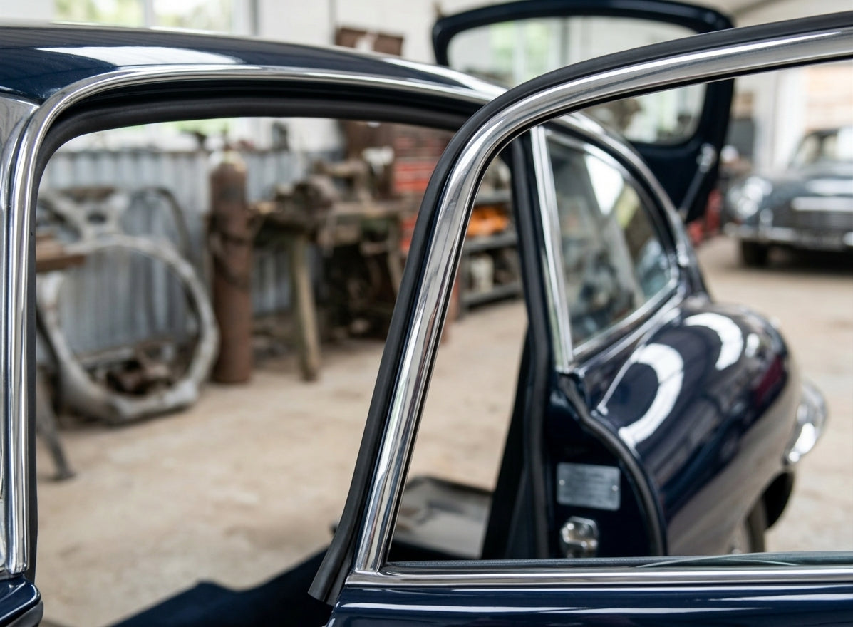 Door seal fitted along the door frame of a dark blue classic Jaguar E-Type