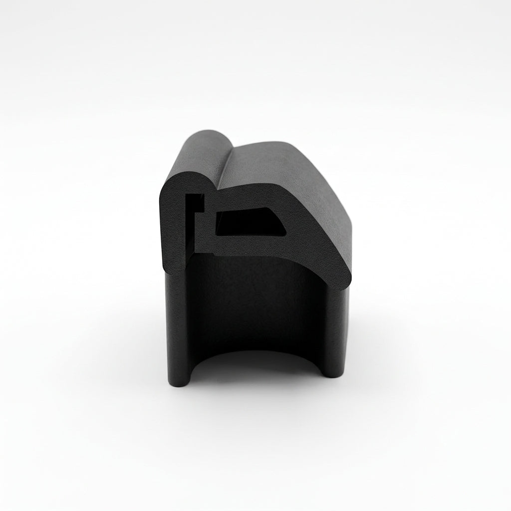 Black rubber cant rail seal with curved cap and hollow leg, upright studio shot