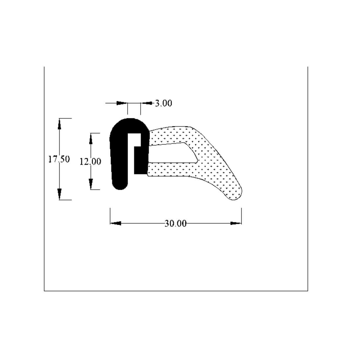 Technical diagram of hooked cant rail seal profile with 17.50, 12.00 and 30.00mm dimensions