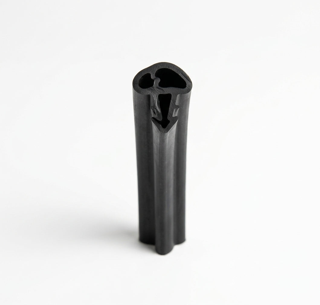 Cut end of black rubber door frame seal showing hollow channel with barb, upright studio shot