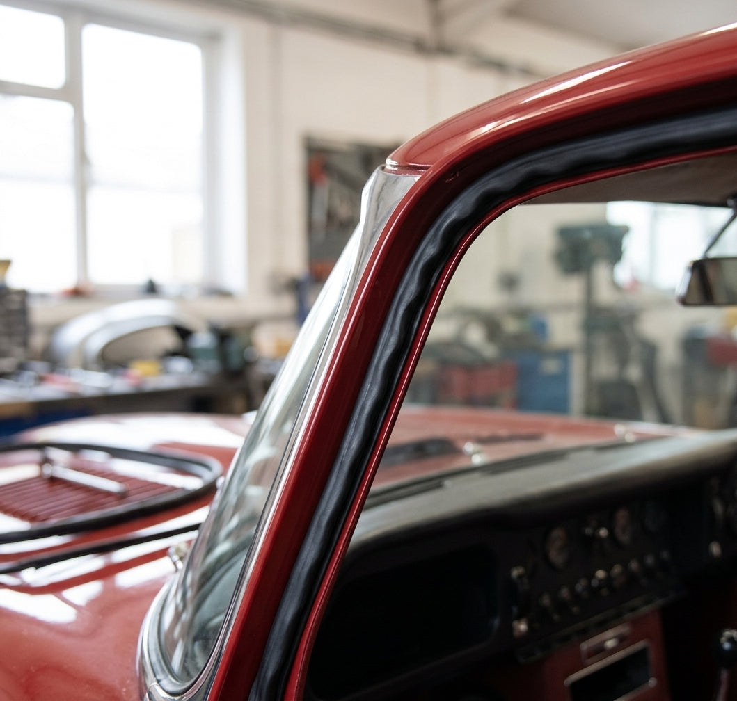 Door frame seal fitted along the A-post of a red classic Jaguar E-Type