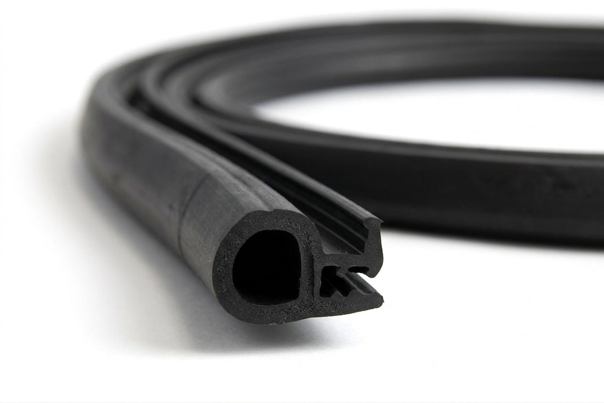 Black rubber door seal with hollow bulb and barb, coiled length on white background