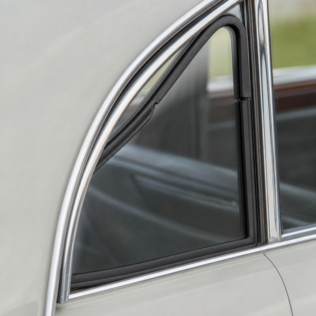 Quarterlight seal fitted to the curved rear quarter window of a cream classic Jaguar saloon