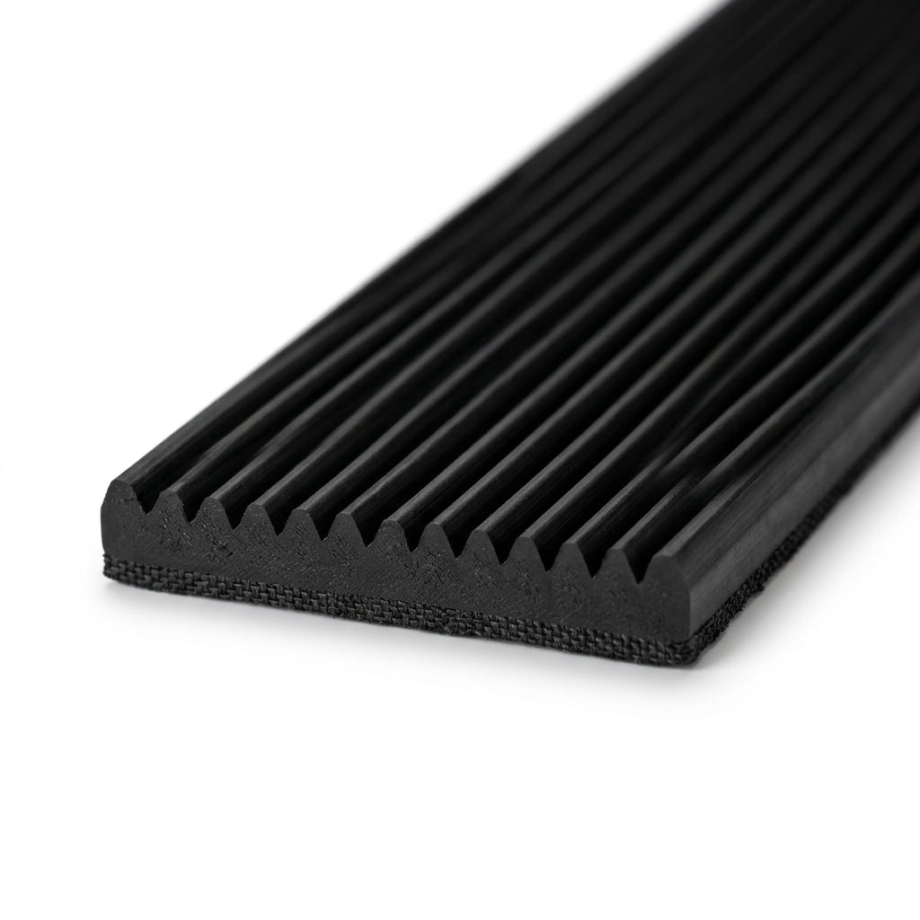 Black fluted rubber matting shown end-on, close-up studio shot
