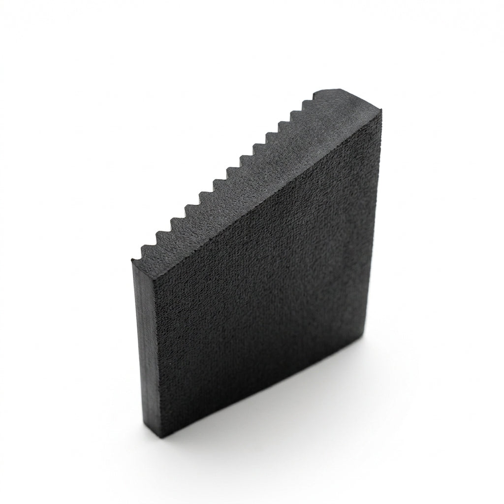 Black fluted rubber matting viewed end-on as a block, studio shot on white