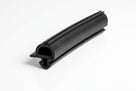Black rubber windscreen seal with ribbed locking channel, curved length on white background