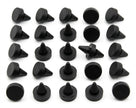 Black cone-shaped bonnet buffers laid out in rows, studio shot