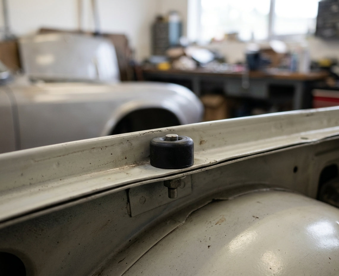 Seat buffer fitted to the bodywork seam of a silver Triumph, close-up