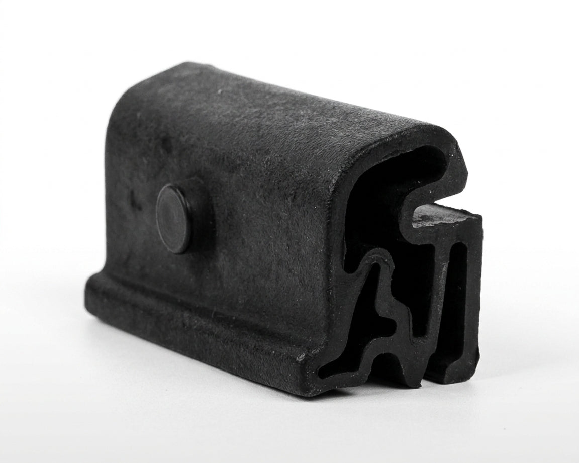 Black moulded door buffer showing ridged profile channel, studio shot