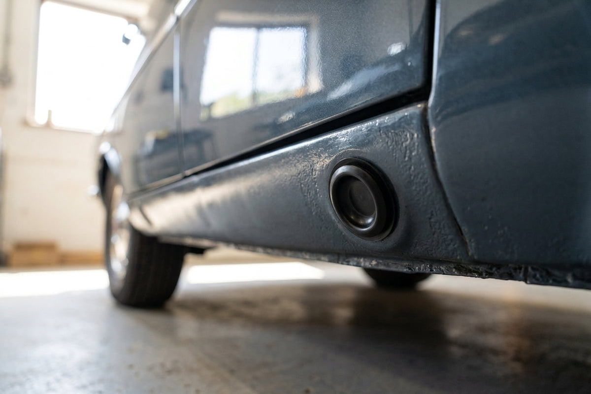 Plug fitted in the sill jacking point of a blue-grey classic car