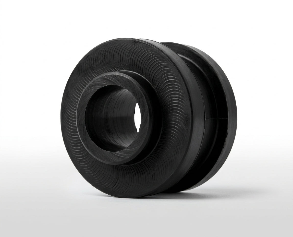 Black rubber bush with a stepped double-collar profile, studio shot