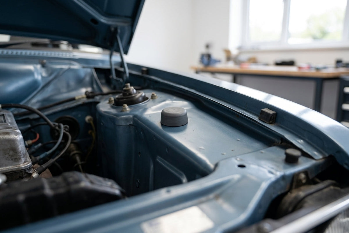 Bonnet buffer fitted near the bulkhead of a blue classic car's engine bay