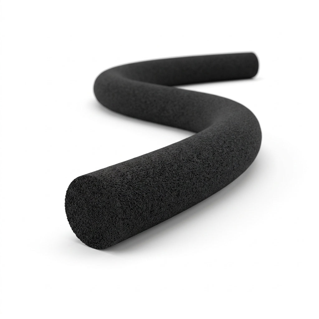 Black sponge rubber cord curved into an S-shape on a white studio background