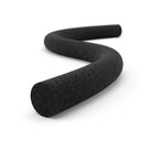 Black sponge rubber cord curved into an S-shape on a white studio background