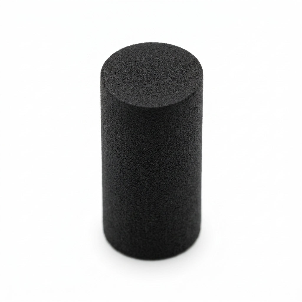 Short upright black sponge rubber cylinder, top-down studio shot showing porous cut face