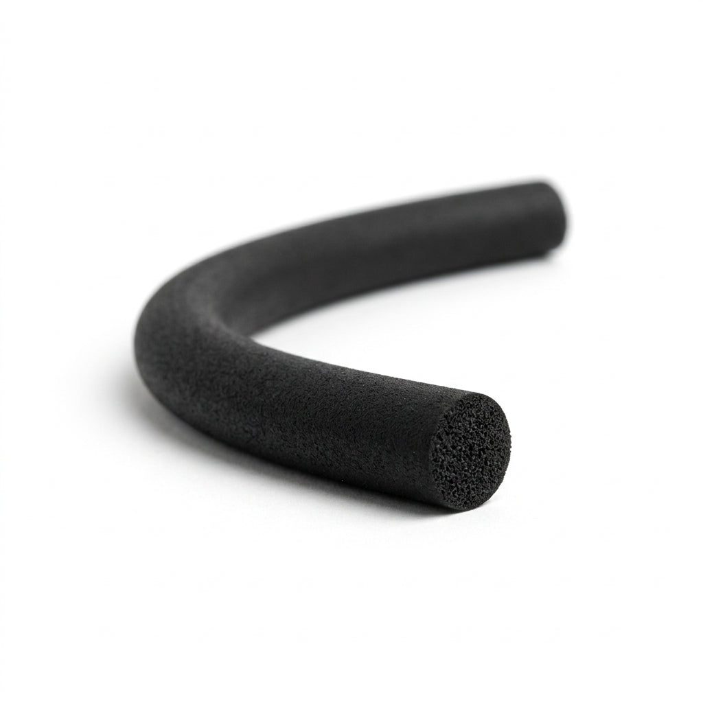 Black sponge rubber cord curved into a hook shape, cut end showing porous texture