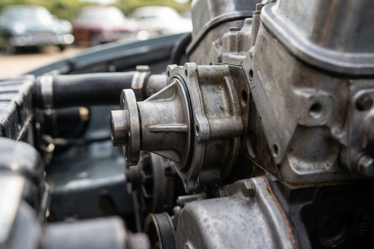 Water pump housing on an engine block with a black O-ring seal visible at its flange