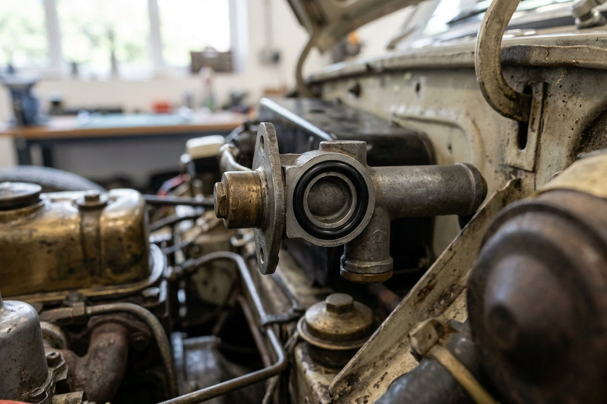 Heater control valve fitted to the engine, sealed with a black O-ring