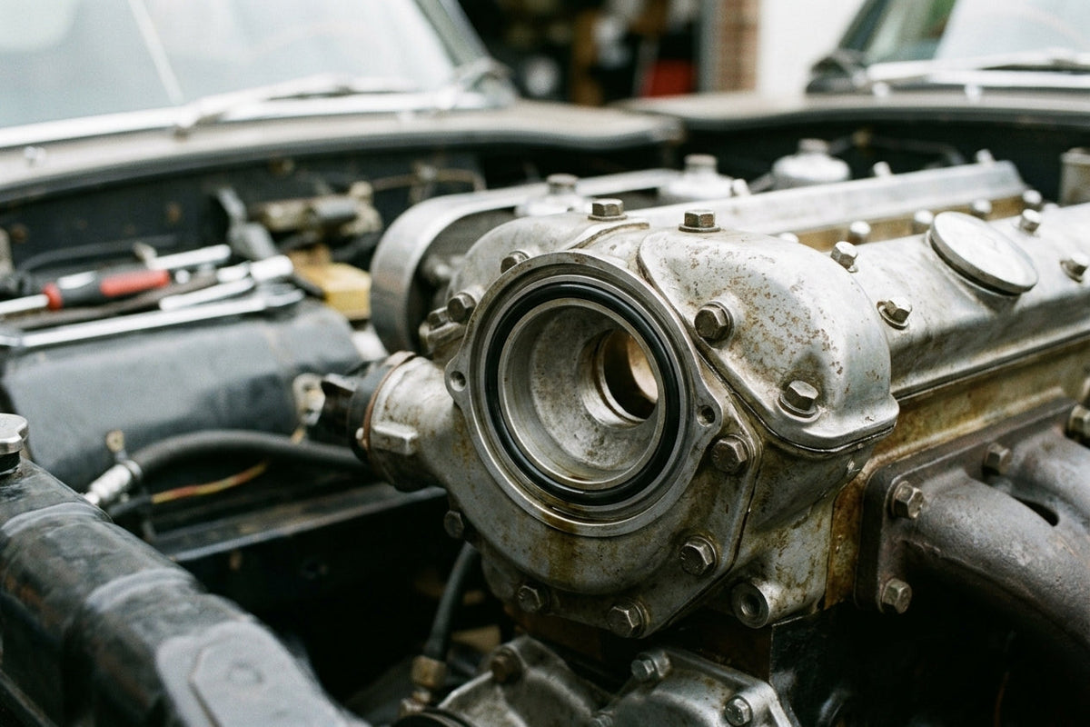 Oil transfer housing on an engine with a black O-ring seal at its joint