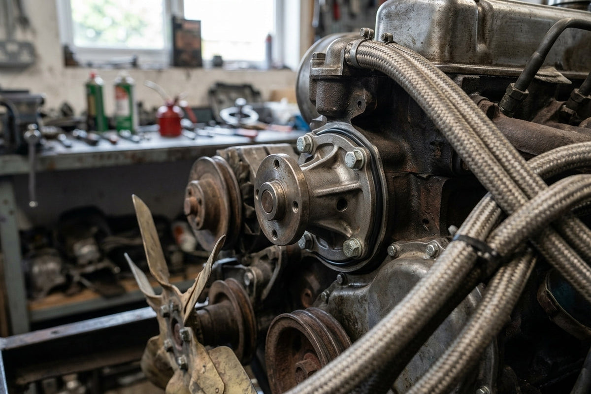 Water pump and pulleys on an engine, viewed from the side in a workshop