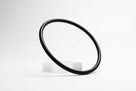 Large black nitrile O-ring propped on a clear stand, studio shot