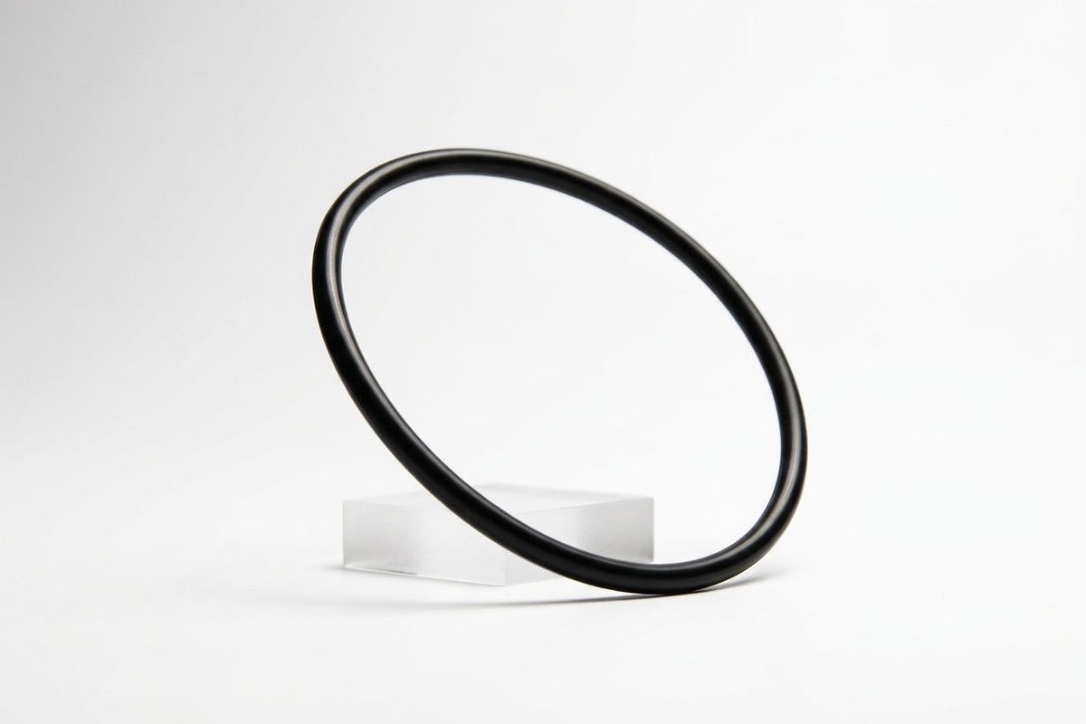 Large black nitrile O-ring propped on a clear stand, studio shot
