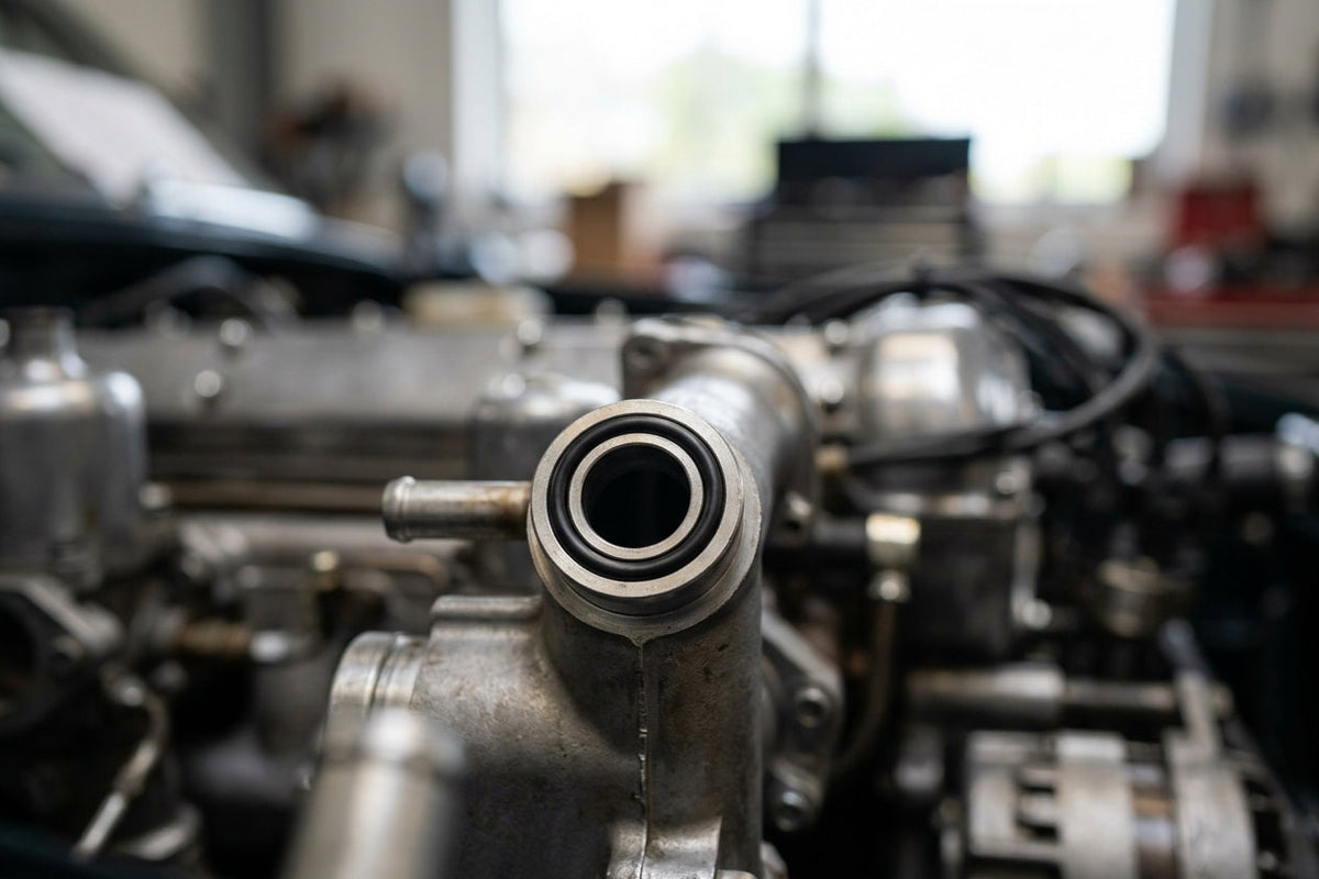 Breather body outlet on an engine with a black O-ring seated at its base