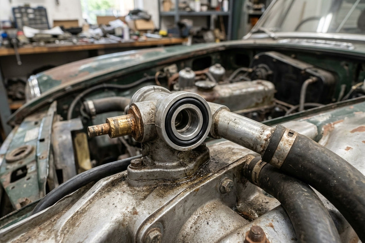 Nitrile O-ring fitted to a heater valve on a classic car engine in a workshop