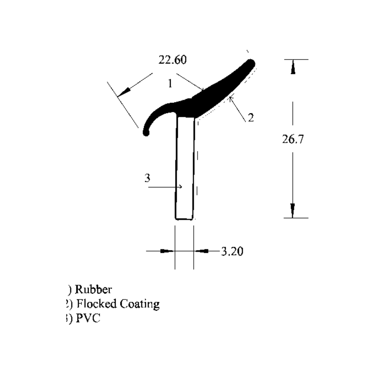 Technical diagram of door seal profile with dimensions 22.60, 26.7 and 3.20 marked