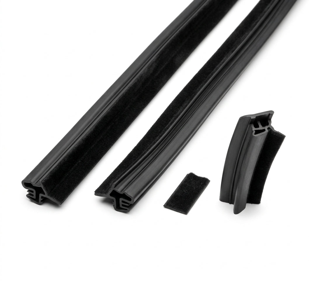Flocked black outer waist strips plus corner piece and pad, white background