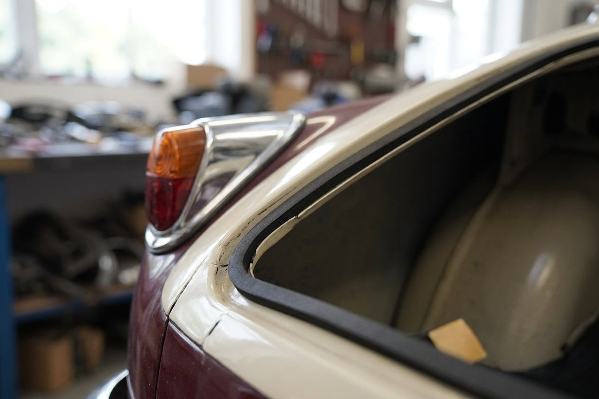 Self-adhesive foam strip fitted along a two-tone classic car's rear window edge