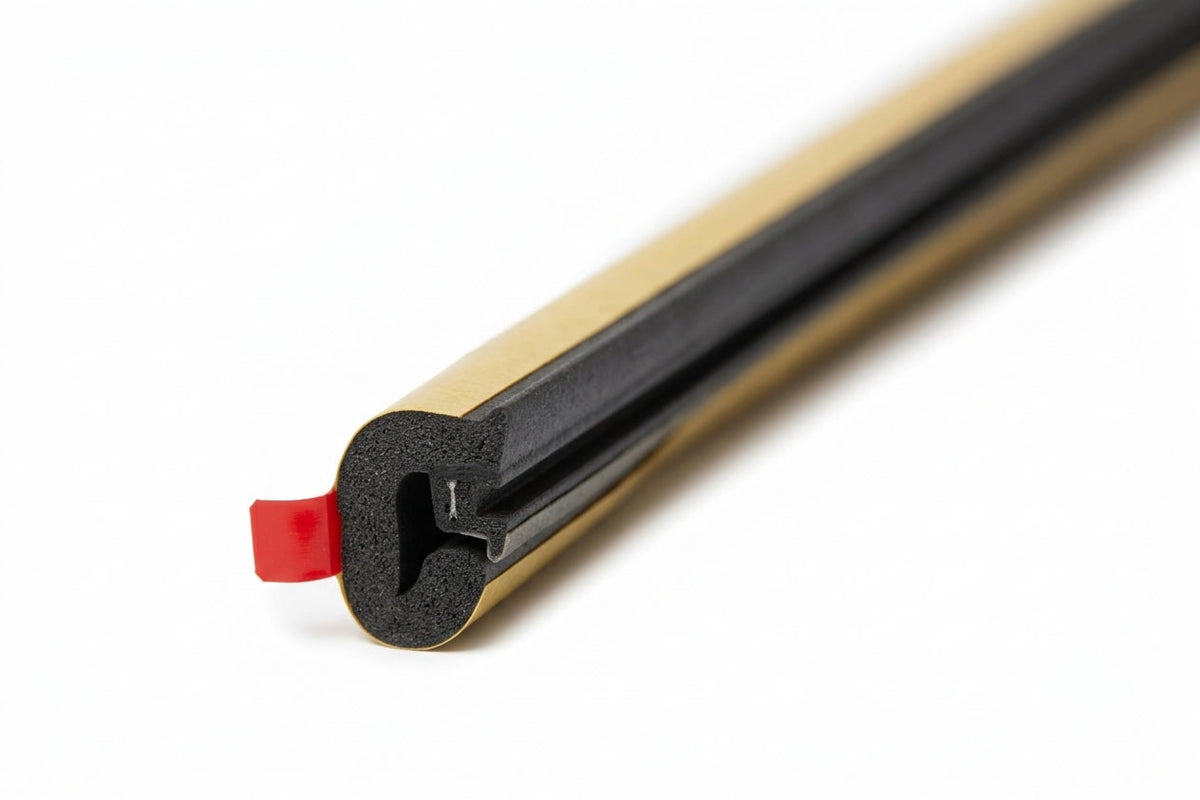 Foam strip shown end-on with a keyhole-shaped profile, gold backing and red peel tab