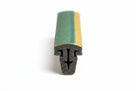 Complex multi-legged foam seal profile with green and gold backing tape, studio shot